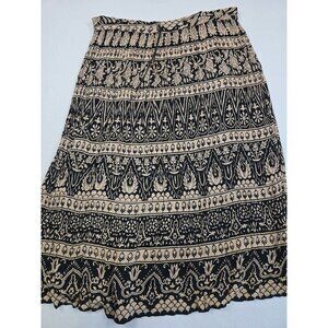 Vintage Patchouli One Size Boho Broomstick Maxi Skirt Black & Beige Indian Print